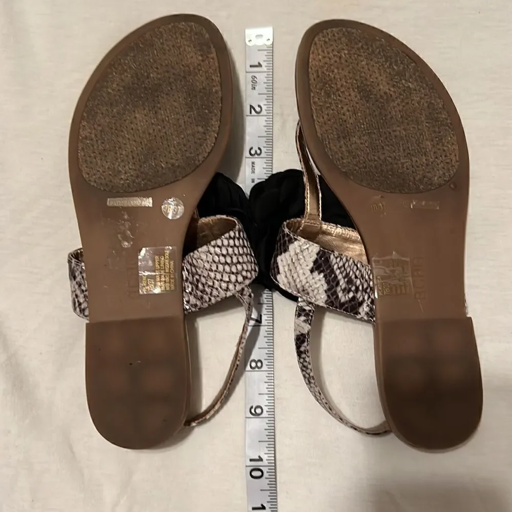BCBGeneration sz 7 gold sandals w/black flower & snake print straps GUC No box